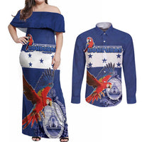 Honduras Independence Day Couples Matching Off Shoulder Maxi Dress and Long Sleeve Button Shirt Scarlet Macaw Flag Style - Wonder Print Shop