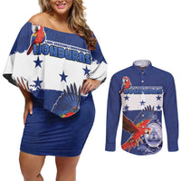 Honduras Independence Day Couples Matching Off Shoulder Short Dress and Long Sleeve Button Shirt Scarlet Macaw Flag Style - Wonder Print Shop