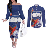 Honduras Independence Day Couples Matching Off The Shoulder Long Sleeve Dress and Long Sleeve Button Shirt Scarlet Macaw Flag Style - Wonder Print Shop