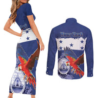Honduras Independence Day Couples Matching Short Sleeve Bodycon Dress and Long Sleeve Button Shirt Scarlet Macaw Flag Style - Wonder Print Shop