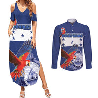 Honduras Independence Day Couples Matching Summer Maxi Dress and Long Sleeve Button Shirt Scarlet Macaw Flag Style - Wonder Print Shop