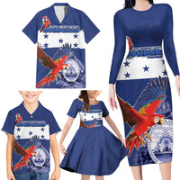 Honduras Independence Day Family Matching Long Sleeve Bodycon Dress and Hawaiian Shirt Scarlet Macaw Flag Style - Wonder Print Shop