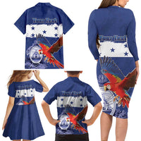 Honduras Independence Day Family Matching Long Sleeve Bodycon Dress and Hawaiian Shirt Scarlet Macaw Flag Style - Wonder Print Shop