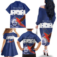 Honduras Independence Day Family Matching Off The Shoulder Long Sleeve Dress and Hawaiian Shirt Scarlet Macaw Flag Style - Wonder Print Shop
