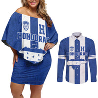 Custom Honduras Football Couples Matching Off Shoulder Short Dress and Long Sleeve Button Shirt La H Go Champion - Wonder Print Shop