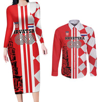 Custom Croatia Couples Matching Long Sleeve Bodycon Dress and Long Sleeve Button Shirt Checkerboard Hrvatska Simple Style - Wonder Print Shop