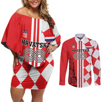 Custom Croatia Couples Matching Off Shoulder Short Dress and Long Sleeve Button Shirt Checkerboard Hrvatska Simple Style - Wonder Print Shop