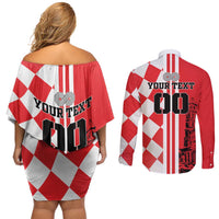 Custom Croatia Couples Matching Off Shoulder Short Dress and Long Sleeve Button Shirt Checkerboard Hrvatska Simple Style - Wonder Print Shop