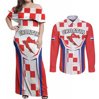 Custom Croatia Checkerboard Couples Matching Off Shoulder Maxi Dress and Long Sleeve Button Shirt Simple Style - Wonder Print Shop