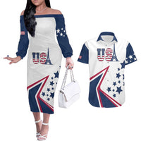 Custom USA Summer Sport 2024 Couples Matching Off The Shoulder Long Sleeve Dress and Hawaiian Shirt Eiffel Tower 2024 - Wonder Print Shop