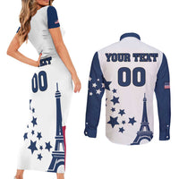 Custom USA Summer Sport 2024 Couples Matching Short Sleeve Bodycon Dress and Long Sleeve Button Shirt Eiffel Tower 2024 - Wonder Print Shop