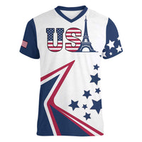 Custom USA Summer Sport 2024 Women V-Neck T-Shirt Eiffel Tower 2024 - Wonder Print Shop