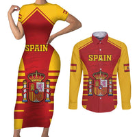 Custom Spain Coat Of Arms Couples Matching Short Sleeve Bodycon Dress and Long Sleeve Button Shirt Sport Style - Wonder Print Shop