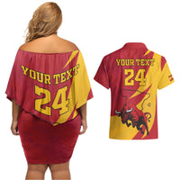 Custom Spain Aggressive Fighting Bull Couples Matching Off Shoulder Short Dress and Hawaiian Shirt With Carnation Flowers - Wonder Print Shop
