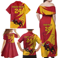 Custom Spain Aggressive Fighting Bull Family Matching Off Shoulder Maxi Dress and Hawaiian Shirt With Carnation Flowers - Wonder Print Shop