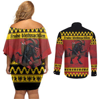 Merry Krampus Germany Couples Matching Off Shoulder Short Dress and Long Sleeve Button Shirt Frohe Weihnachten - Wonder Print Shop