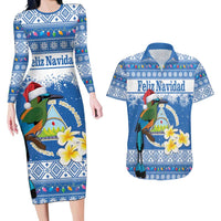 Personalized Nicaragua Christmas Couples Matching Long Sleeve Bodycon Dress and Hawaiian Shirt Turquoise-Browed Motmot With Coat Of Arms - Wonder Print Shop