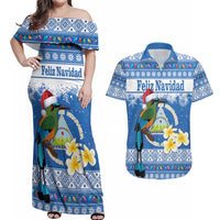 Personalized Nicaragua Christmas Couples Matching Off Shoulder Maxi Dress and Hawaiian Shirt Turquoise-Browed Motmot With Coat Of Arms - Wonder Print Shop