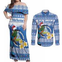 Personalized Nicaragua Christmas Couples Matching Off Shoulder Maxi Dress and Long Sleeve Button Shirt Turquoise-Browed Motmot With Coat Of Arms - Wonder Print Shop