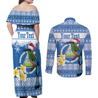 Personalized Nicaragua Christmas Couples Matching Off Shoulder Maxi Dress and Long Sleeve Button Shirt Turquoise-Browed Motmot With Coat Of Arms - Wonder Print Shop
