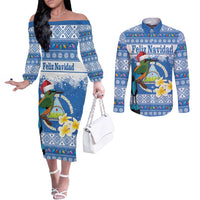 Personalized Nicaragua Christmas Couples Matching Off The Shoulder Long Sleeve Dress and Long Sleeve Button Shirt Turquoise-Browed Motmot With Coat Of Arms