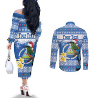 Personalized Nicaragua Christmas Couples Matching Off The Shoulder Long Sleeve Dress and Long Sleeve Button Shirt Turquoise-Browed Motmot With Coat Of Arms