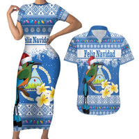 Personalized Nicaragua Christmas Couples Matching Short Sleeve Bodycon Dress and Hawaiian Shirt Turquoise-Browed Motmot With Coat Of Arms - Wonder Print Shop