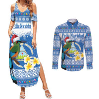 Personalized Nicaragua Christmas Couples Matching Summer Maxi Dress and Long Sleeve Button Shirt Turquoise-Browed Motmot With Coat Of Arms - Wonder Print Shop