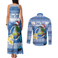 Personalized Nicaragua Christmas Couples Matching Tank Maxi Dress and Long Sleeve Button Shirt Turquoise-Browed Motmot With Coat Of Arms - Wonder Print Shop