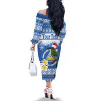 Personalized Nicaragua Christmas Family Matching Off The Shoulder Long Sleeve Dress and Hawaiian Shirt Turquoise-Browed Motmot With Coat Of Arms - Wonder Print Shop