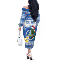 Personalized Nicaragua Christmas Off The Shoulder Long Sleeve Dress Turquoise-Browed Motmot With Coat Of Arms - Wonder Print Shop