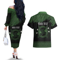 Personalized Imbolc Blessed Celtic Knot Couples Matching Off The Shoulder Long Sleeve Dress and Hawaiian Shirt Brigids Cross Symbol - Wonder Print Shop