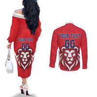 Custom Norway Football Couples Matching Off The Shoulder Long Sleeve Dress and Long Sleeve Button Shirt Red Lion Football 2024