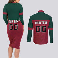 Custom Portugal Rugby Couples Matching Long Sleeve Bodycon Dress and Long Sleeve Button Shirt Go Os Lobos Wolves Mascot