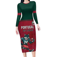 Custom Portugal Rugby Family Matching Long Sleeve Bodycon Dress and Hawaiian Shirt Go Os Lobos Wolves Mascot