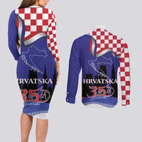 Croatia Independence Day Couples Matching Long Sleeve Bodycon Dress and Long Sleeve Button Shirt Hrvatska Checkerboard 35th Anniversary