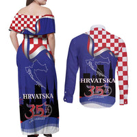 Croatia Independence Day Couples Matching Off Shoulder Maxi Dress and Long Sleeve Button Shirt Hrvatska Checkerboard 35th Anniversary