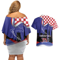 Croatia Independence Day Couples Matching Off Shoulder Short Dress and Hawaiian Shirt Hrvatska Checkerboard 35th Anniversary
