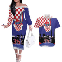 Croatia Independence Day Couples Matching Off The Shoulder Long Sleeve Dress and Hawaiian Shirt Hrvatska Checkerboard 35th Anniversary