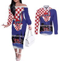 Croatia Independence Day Couples Matching Off The Shoulder Long Sleeve Dress and Long Sleeve Button Shirt Hrvatska Checkerboard 35th Anniversary