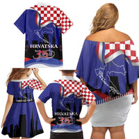 Croatia Independence Day Family Matching Off Shoulder Short Dress and Hawaiian Shirt Hrvatska Checkerboard 35th Anniversary