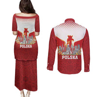 Poland Constitution Day Couples Matching Puletasi and Long Sleeve Button Shirt Warsaw Capital Mazurek Dabrowskiego