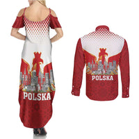 Poland Constitution Day Couples Matching Summer Maxi Dress and Long Sleeve Button Shirt Warsaw Capital Mazurek Dabrowskiego