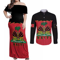 Personalized Haiti 1964 Couples Matching Off Shoulder Maxi Dress and Long Sleeve Button Shirt Coat Of Arms Flag Style