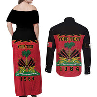 Personalized Haiti 1964 Couples Matching Off Shoulder Maxi Dress and Long Sleeve Button Shirt Coat Of Arms Flag Style
