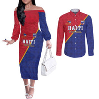 Custom Haiti Football Couples Matching Off The Shoulder Long Sleeve Dress and Long Sleeve Button Shirt Les Grenadiers