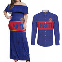 Custom Haiti Football Couples Matching Off Shoulder Maxi Dress and Long Sleeve Button Shirt Le Rouge et Bleu Sporty Style
