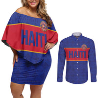 Custom Haiti Football Couples Matching Off Shoulder Short Dress and Long Sleeve Button Shirt Le Rouge et Bleu Sporty Style