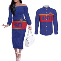 Custom Haiti Football Couples Matching Off The Shoulder Long Sleeve Dress and Long Sleeve Button Shirt Le Rouge et Bleu Sporty Style
