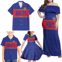 Custom Haiti Football Family Matching Off Shoulder Maxi Dress and Hawaiian Shirt Le Rouge et Bleu Sporty Style